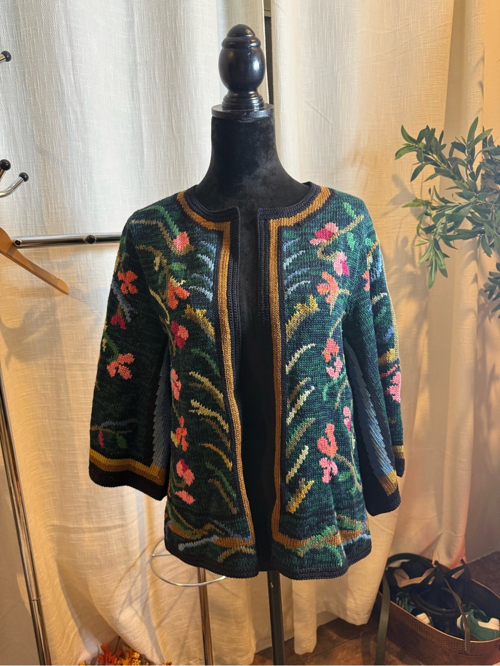 Peruvian Connection Floral Knit Open Cardigan Grandma Sweater 100% Pima Cotton
